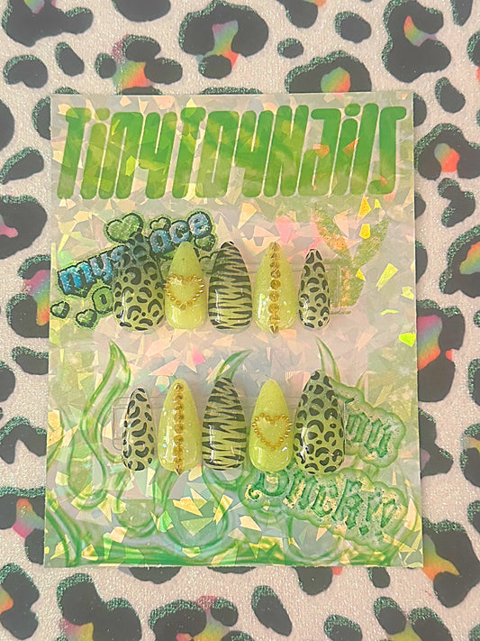 Y2K Green Cheetah Spike Nails